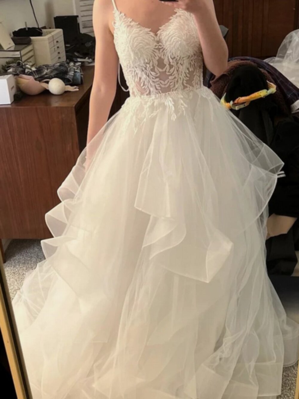 Lulu's White Lace Bodice Organza Ball Gown Wedding Dress - Picture 6 of 16